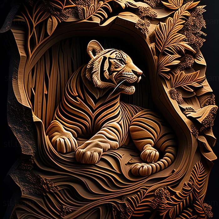 tiger on dramatic carved