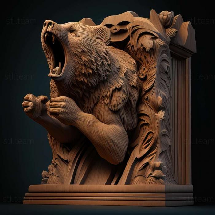 aggressive bear on carved podium