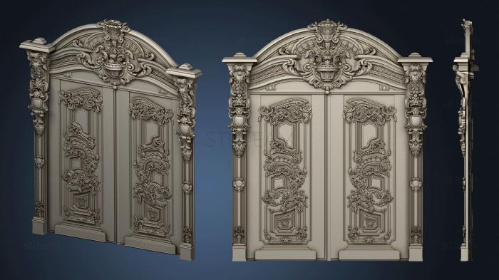 Двери резные Двупольная резная дверь в стиле барокко с наличником и аркой Версия 2 DVR 0120