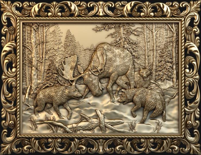 Панно художественные Moose fights with wolves