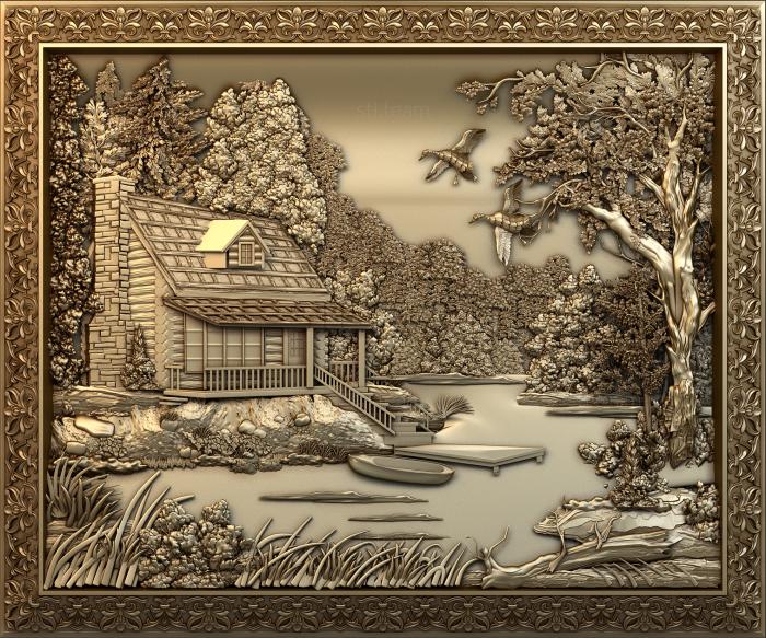 Панно художественные Пейзаж природа река дом