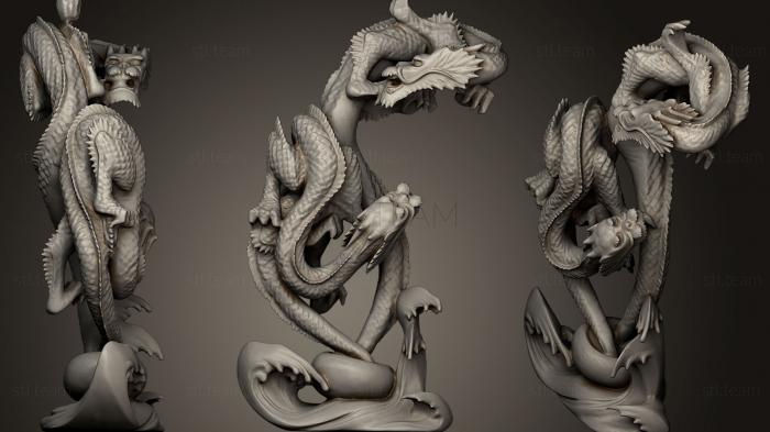 3D model Two dragons emerging from a bowl amid waves (STL)