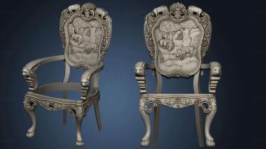 3D model Carved chair with a panel of wild boars in the forest on the back (STL)